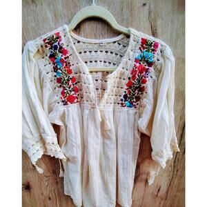 Boho Embroidered Peasant Blouse Crochet Lace Floral Tunic Size M